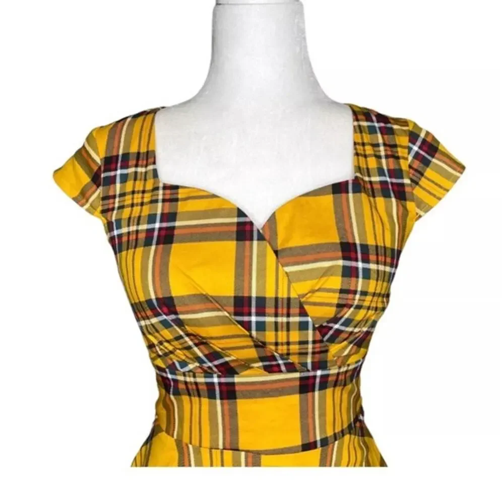 Hanpceirs Cap Sleeve 1950s Retro Vintage Style swing Gold Plaid Dress size XS
